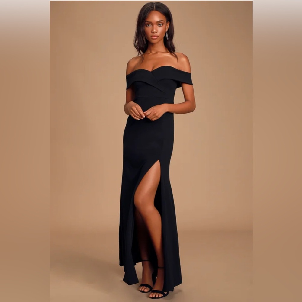 Lulu's Black Off-Shoulder Maxi Dress with Thigh Slit